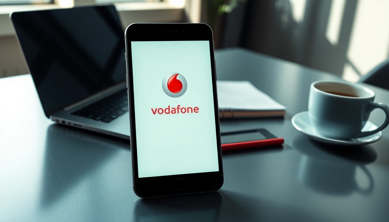 Compare Vodafone vs O2 business mobile plans showcased in a sleek office environment.