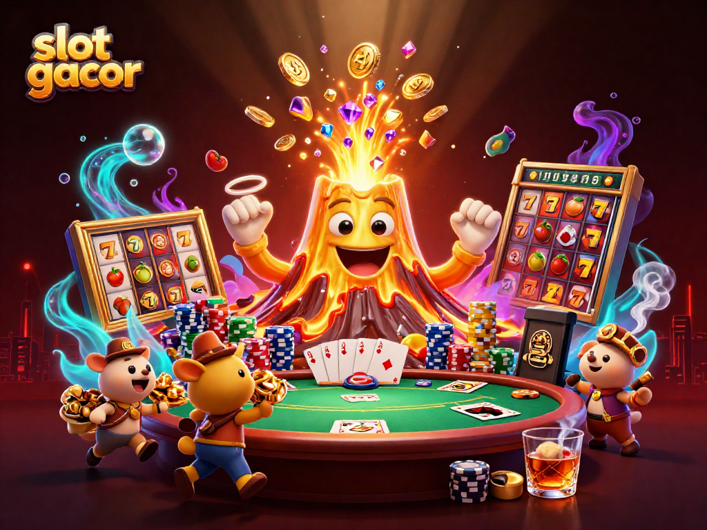 Experience the excitement of slot gacor with a dynamic volcano spewing treasure amidst poker elements.