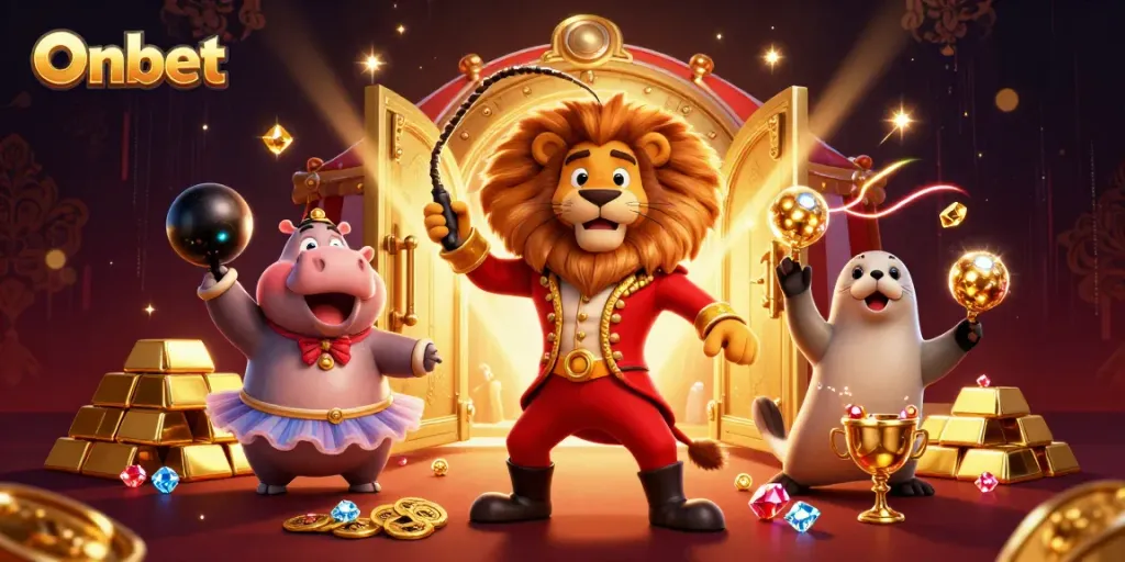 Onbet's vibrant circus scene featuring colorful characters and treasures amidst a dynamic casino backdrop.