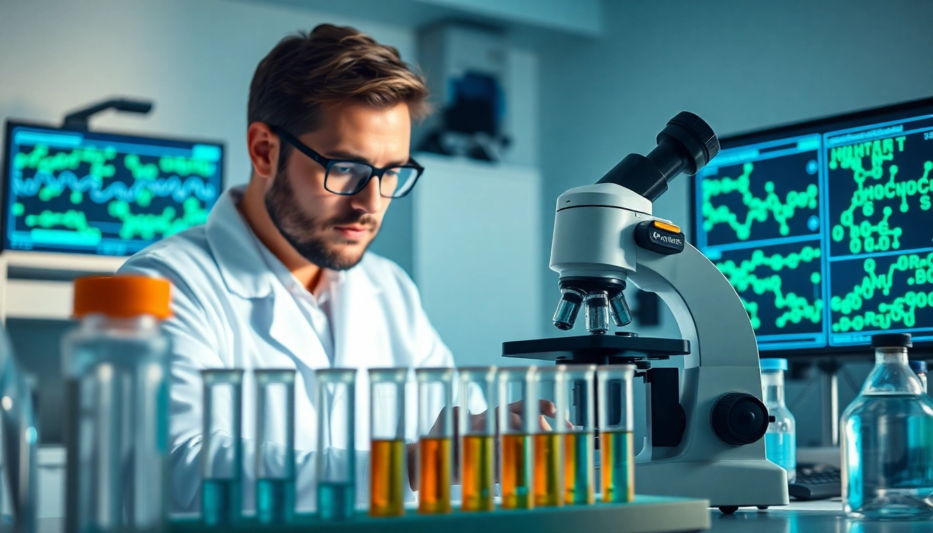 Peptidology research in a modern lab, featuring a scientist analyzing peptides.