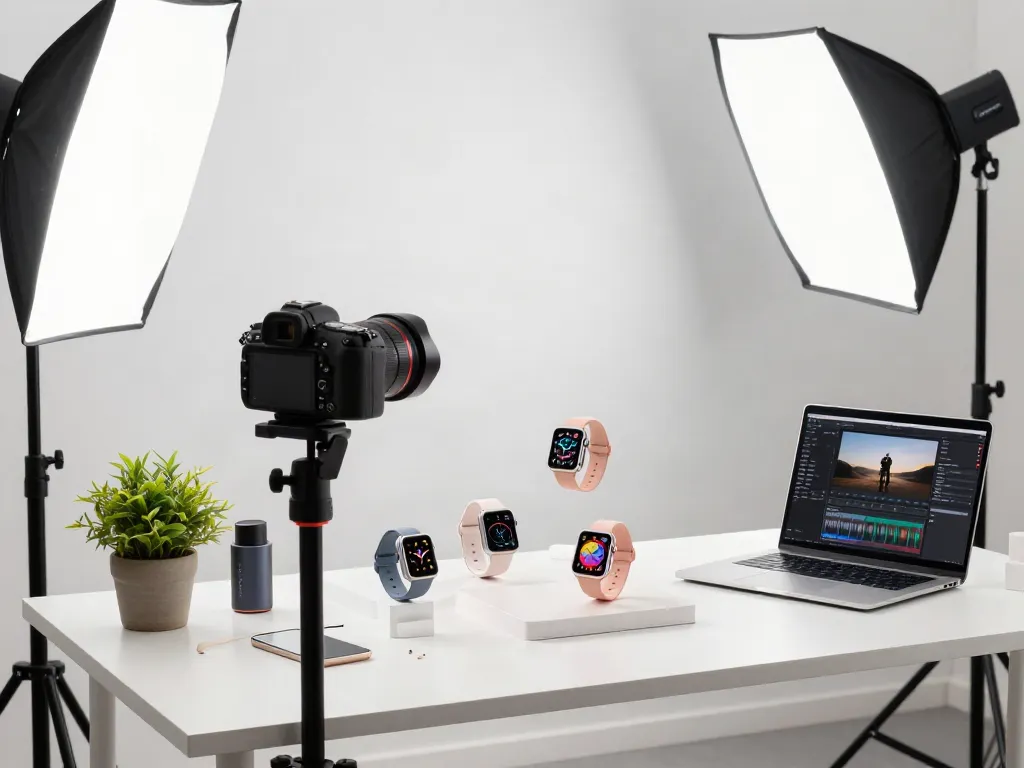 AI product photo generator showcasing a smartwatch in a professional studio setup with lifestyle props.