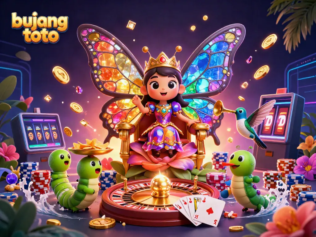 Experience the excitement of bujang toto with vibrant characters and dynamic casino elements in this stunning 3D illustration.