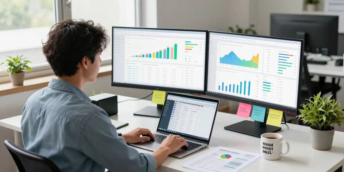 Digital marketer analyzing traffic data on monitors at https://www.www456bd.com/ with a bright workspace.