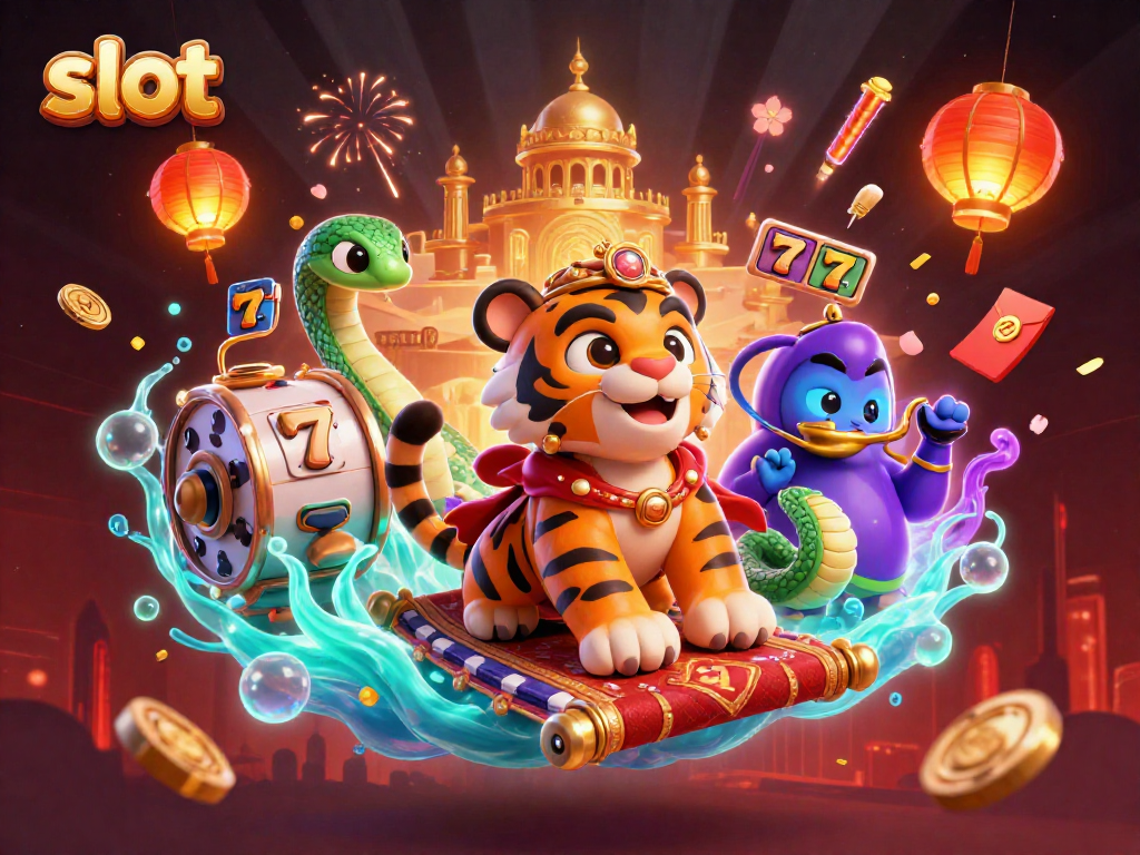 Engage in exciting slot action with a cartoon Arabian Nights tiger sultan, jackpot elements, and glowing festive symbols.