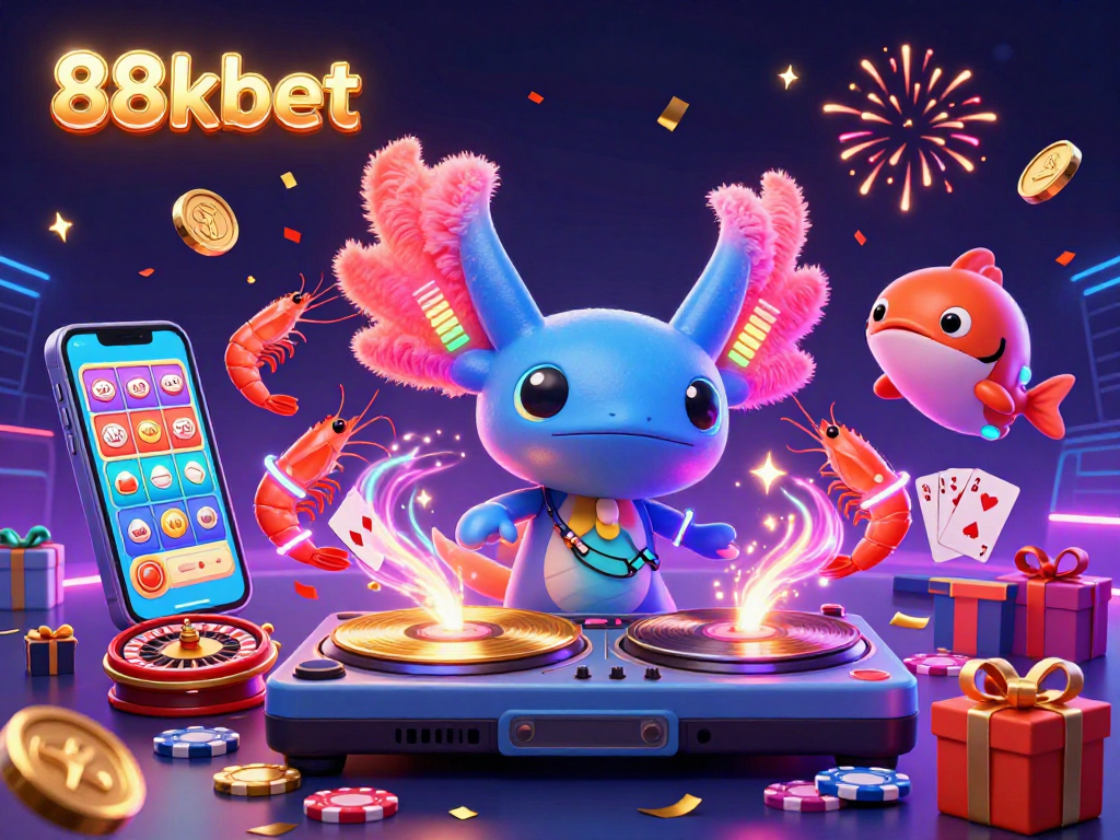 Engage with 88kbet's vibrant 3D casino scene featuring an animated DJ, slot games, and festive elements.