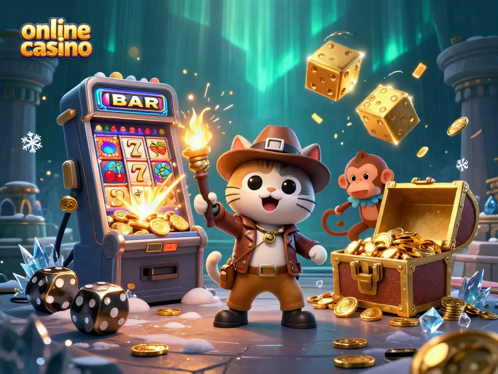 Spin and win at an exciting online casino featuring a treasure-hunting cat and a jackpot explosion.