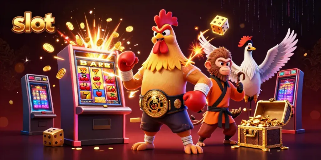 Ayam jantan dan monyet bertanding di depan mesin slot gemerlap dengan jackpot yang meledak.