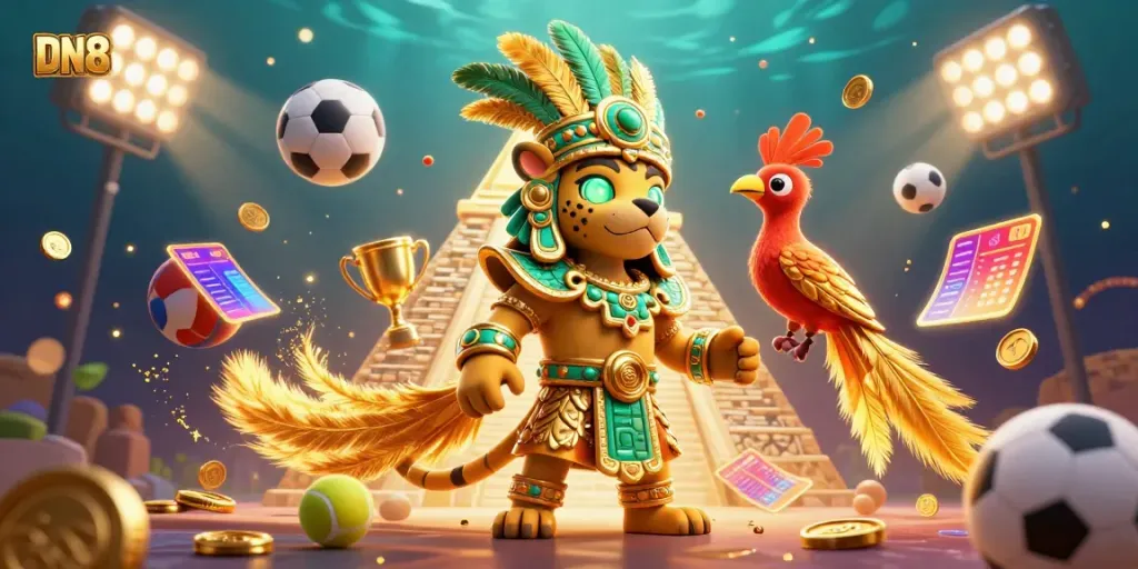 Engage with DN88's thrilling atmosphere, featuring a Mayan jaguar priest and dynamic sports elements.