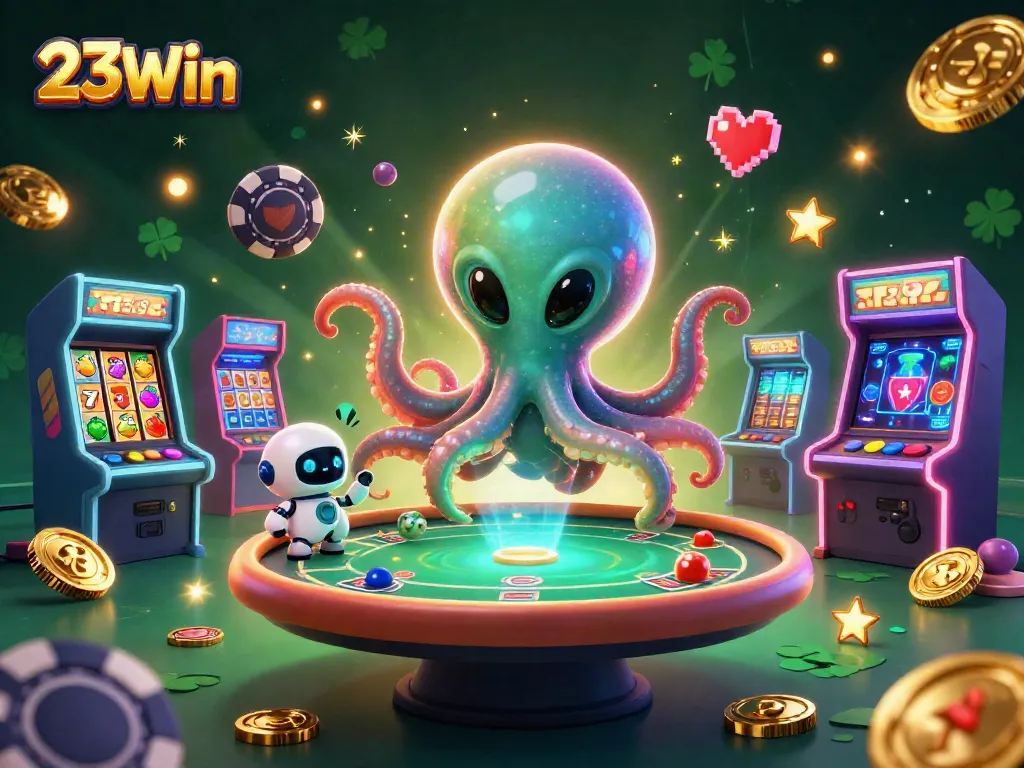 Engage with 23Win's exciting slots as a vibrant alien octopus hosts a holographic poker game amidst dynamic, colorful casino elements.