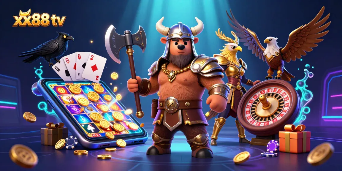 Experience thrilling gameplay at xx88 tv with a vibrant Viking bear, Valkyrie eagle, and casino elements in action.