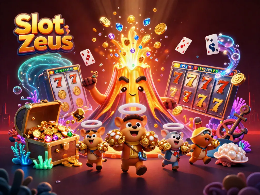 Visualisasi Slot Zeus yang menarik dengan karakter dan elemen jackpot kasino berwarna cerah.