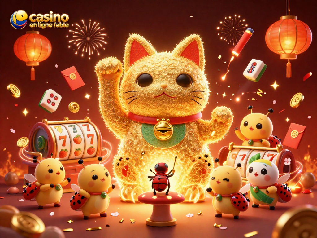 Jouez à des jeux sur un casino en ligne fiable avec des symboles de chance dans une illustration captivante.
