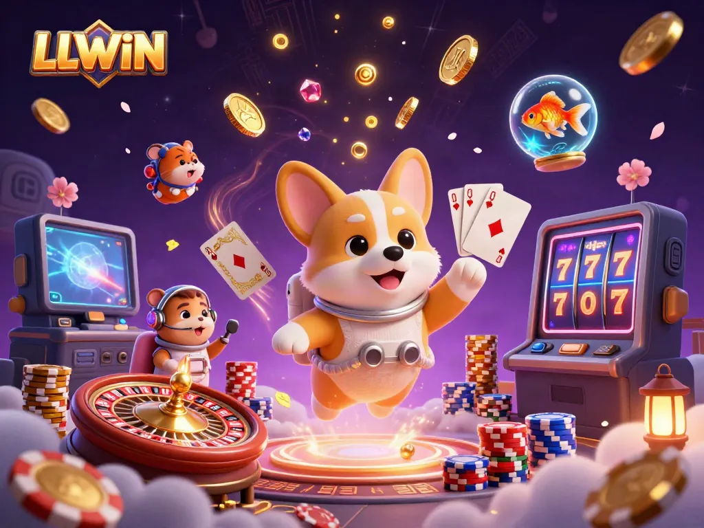 Engaging LLWIN casino scene featuring a floating astronaut corgi, coins, and a hamster at mission control.
