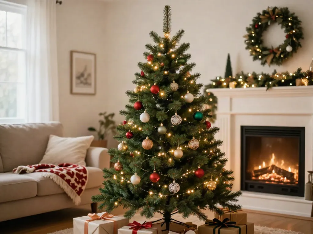 Cozy living room featuring a beautifully decorated pencil Christmas tree adorned with lights and ornaments.