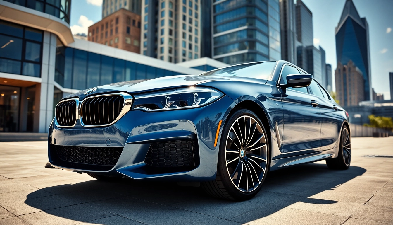 Admire this Luxury BMW car showcasing its sleek design against a vibrant urban backdrop.