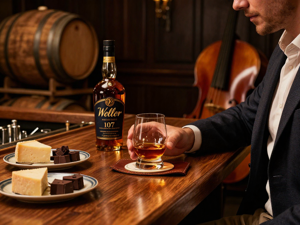 Savoring Weller Antique 107 Bourbon in an elegant bar setting with warm lighting and gourmet snacks.