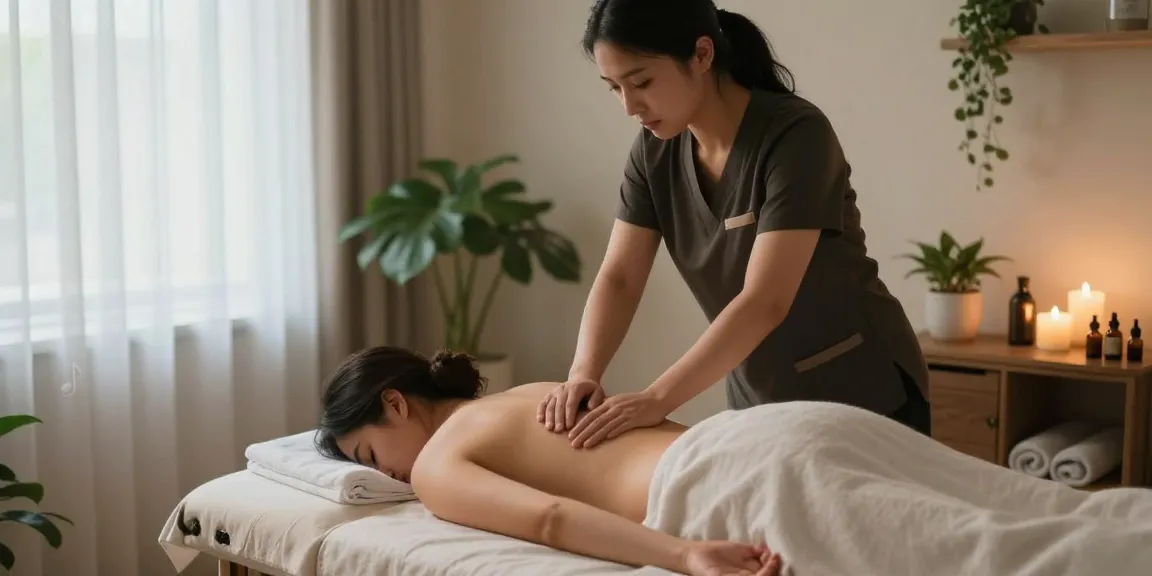 마사지 테라피를 받는 고객과 편안한 분위기의 마사지 샵 내부 모습