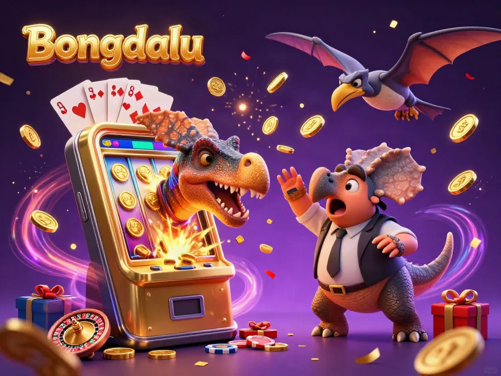 Bongdalu features a lively 3D scene of a dinosaur jackpot moment in an engaging casino atmosphere.
