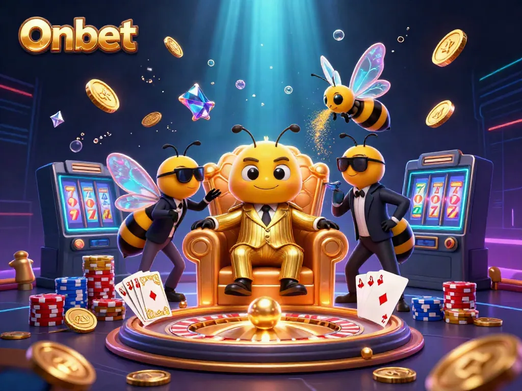 Engage in thrilling games on Onbet with 3D cartoon mob boss and bodyguards in an exciting casino scene.