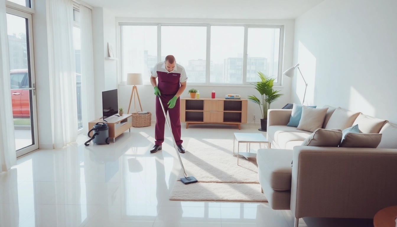 Expert bond cleaning Logan service with a cleaner efficiently transforming a modern living room.