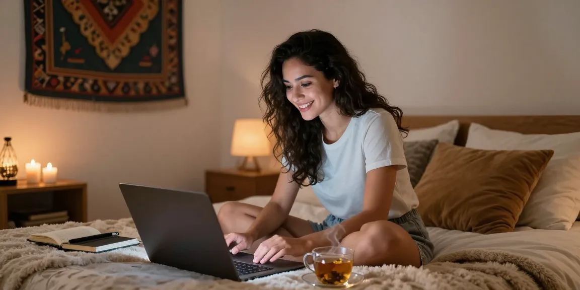 Engaging in a sex chat in an intimate bedroom setting, creating a personal connection.